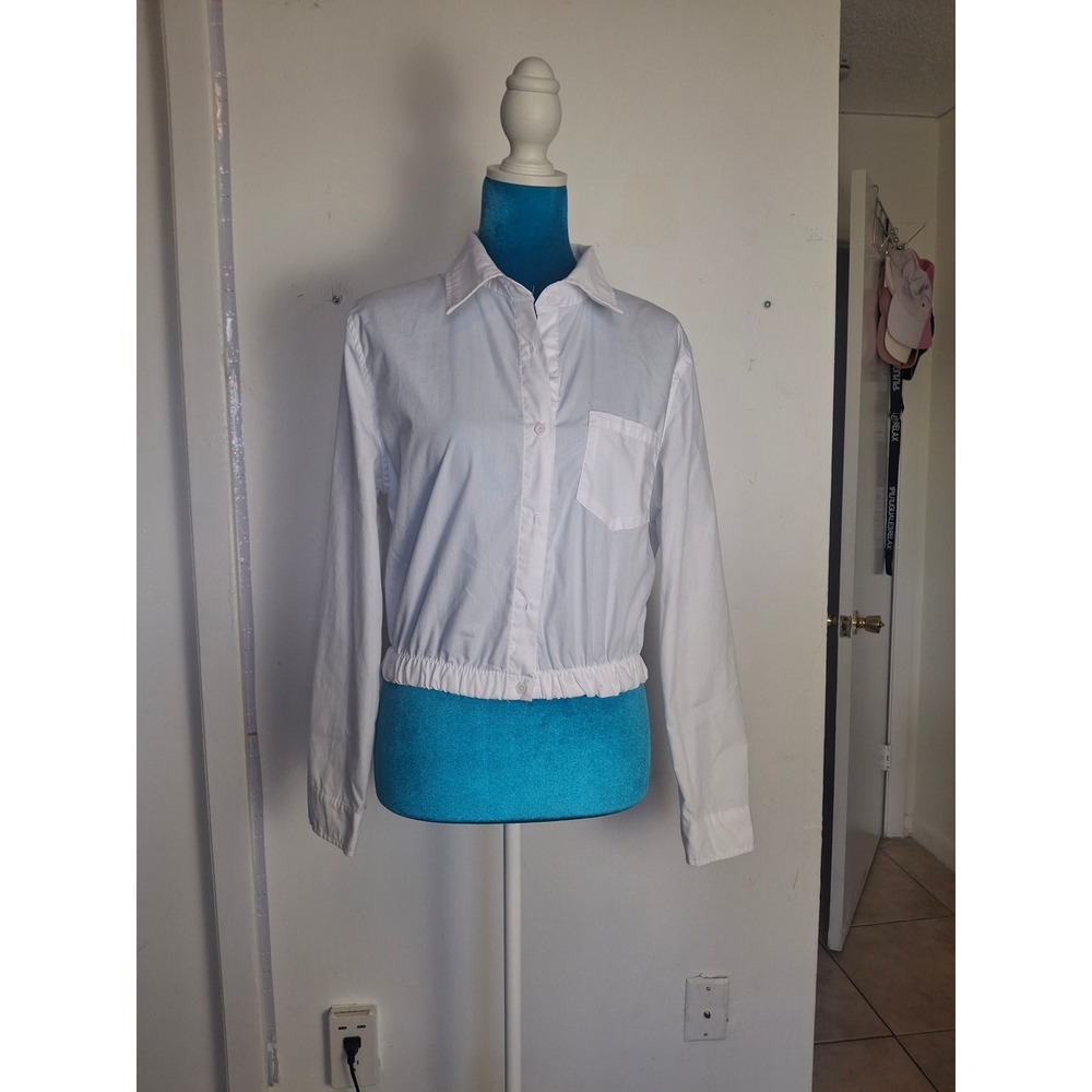 J for Justify White Cropped Button Down Shirt Long Sleeve Elastic Hem Large